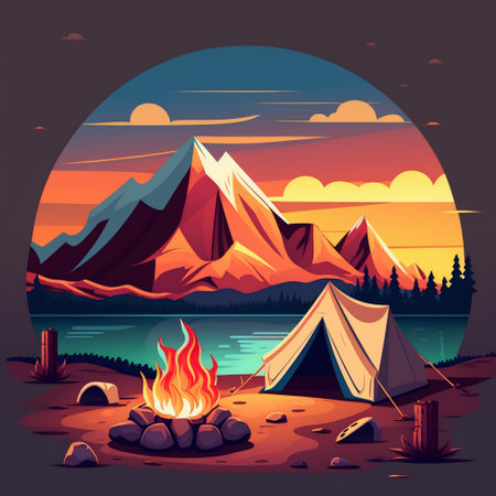 Camp fire and tent by lake and mountain at backgroundの素材