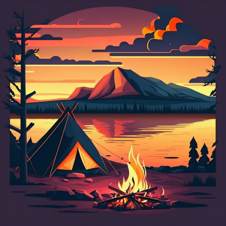 Camp fire and tent by lake and mountain at backgroundの素材