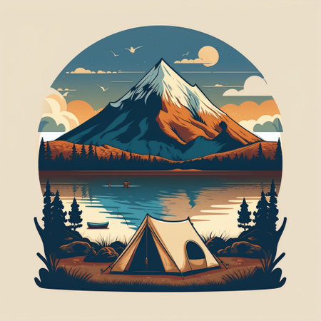 Camp fire and tent by lake and mountain at backgroundの素材