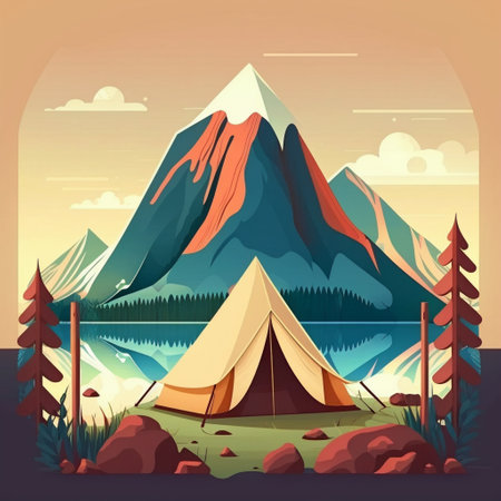 Camp fire and tent by lake and mountain at backgroundの素材