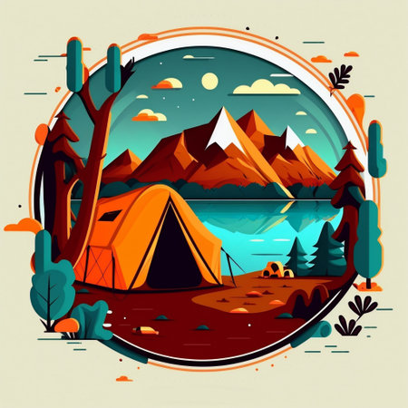 Camp fire and tent by lake and mountain at backgroundの素材