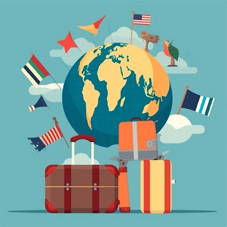 Hand luggage with world map, journey conceptの素材