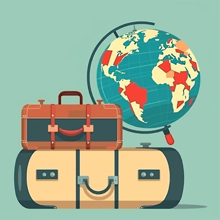 Hand luggage with world map, journey conceptの素材