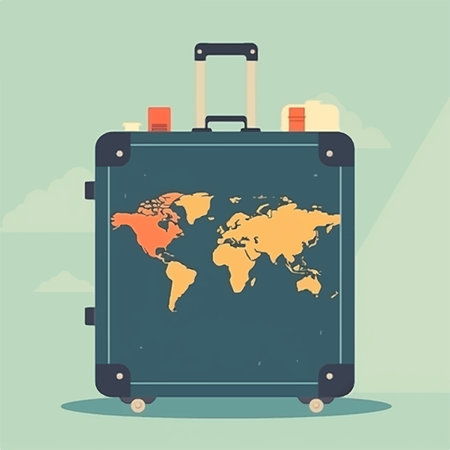 Hand luggage with world map, journey conceptの素材