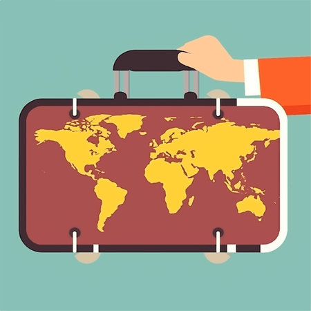 Hand luggage with world map, journey conceptの素材