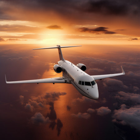 Private jet view during flight on air with orange sky at sunsetの素材