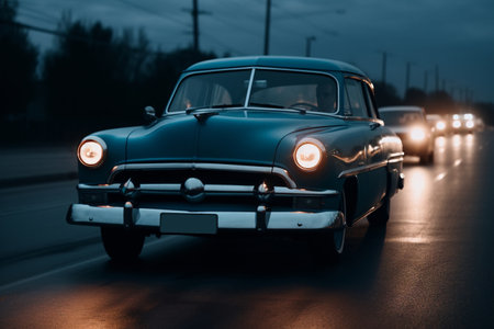 Cobalt blue Vintage car on road headlamps openの素材