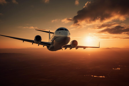 Private jet view during flight on air with orange sky at sunsetの素材