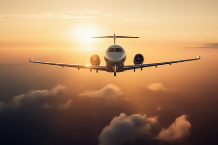 Private jet view during flight on air with orange sky at sunsetの素材