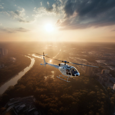 Private helicopter view during flight on air with orange sky at sunsetの素材