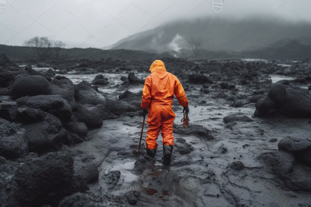 Volcano scientist is collecting a sample form lavaの素材