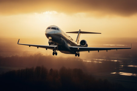Private jet view during flight on air with orange sky at sunsetの素材