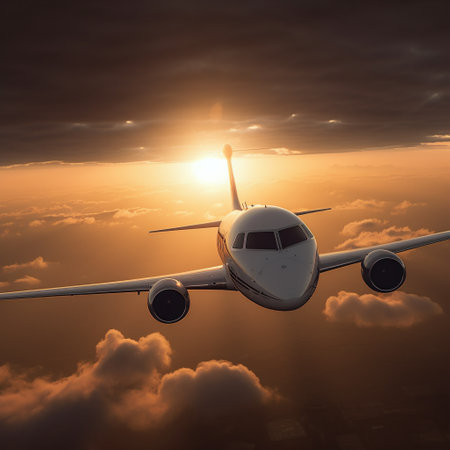 Private jet view during flight on air with orange sky at sunsetの素材