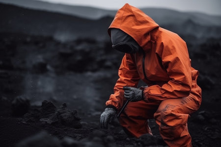 Volcano scientist is collecting a sample form lavaの素材