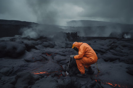 Volcano scientist is collecting a sample form lavaの素材