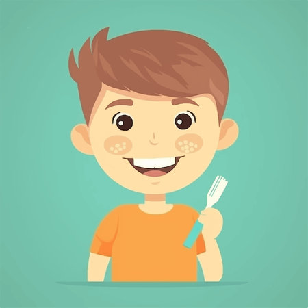 Happy smiling child brushing teeths, simple 2d design.の素材