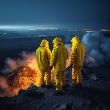 Volcano scientist are obsserving the volcano during eruptionの素材