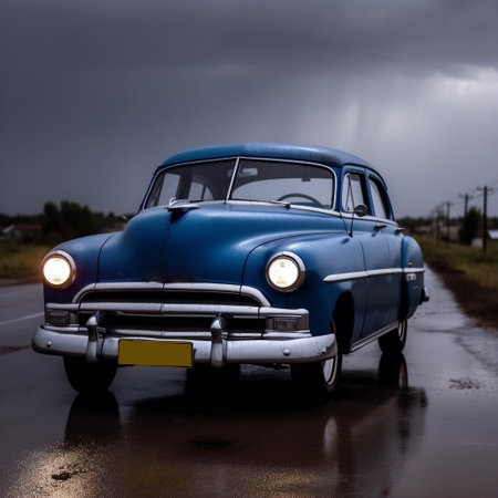 Cobalt blue Vintage car on road headlamps openの素材