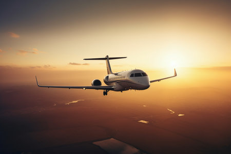 Private jet view during flight on air with orange sky at sunsetの素材