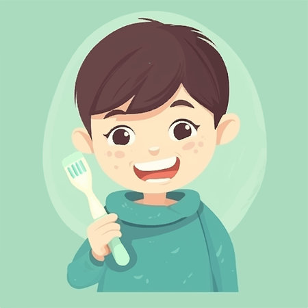 Happy smiling child brushing teeths, simple 2d design.の素材