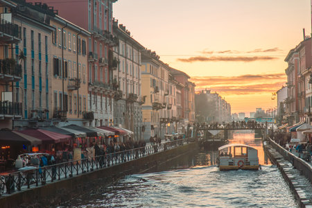 Milano; January 28, 2025: Navigli Canal view during sunset.の写真素材