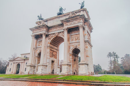 Milano; January 28, 2025: Arco della Pace view with cityscapeの写真素材