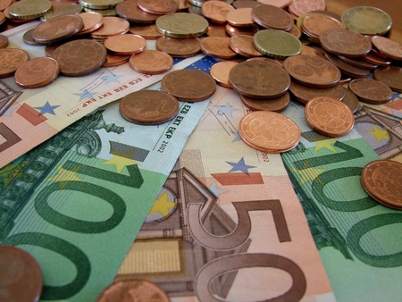 euro bank notes and coinsの写真素材