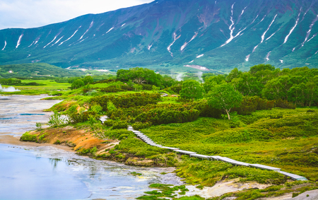 Fumarole fields on the volcanic caldera Uzon.  Kamchatka, Russia. Selective focusの写真素材