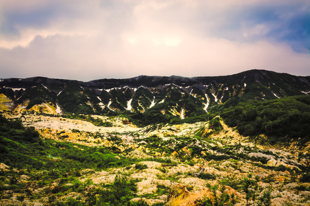 The Beautiful Sky in the Legendary Valley of Geysers, Kamchatka, Russia. Selective focus, tonedの写真素材