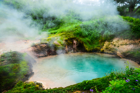The Blue Small Lake in the Legendary Valley of Geysers, Kamchatka, Russia. Selective focus, tonedの写真素材