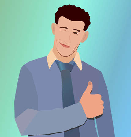Happy businessman winks and hand with thumb up. Vector flat illustrationの写真素材