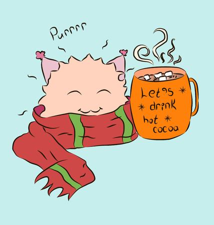 small cute monster with warm scarf cup cocoaのイラスト素材