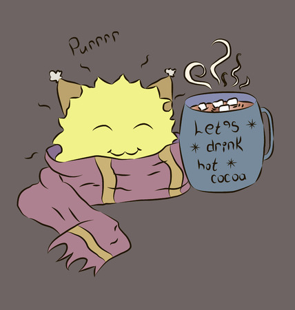 yellow cute monster with warm scarf blue cup cocoaのイラスト素材
