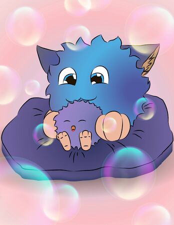 cartoon monsters pillow with soap bubbles, Mother and Childの写真素材