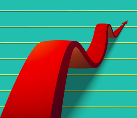 wavy red arrow on a turquoise background with a gold tableの写真素材