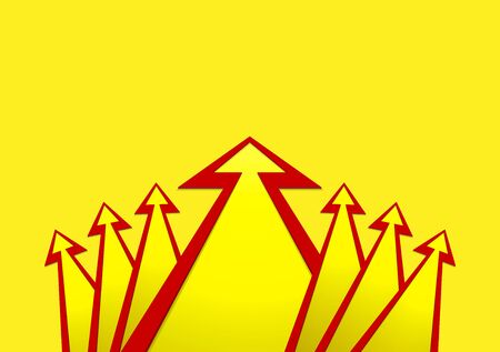 seven arrows with red stroke on yellow backgroundの写真素材