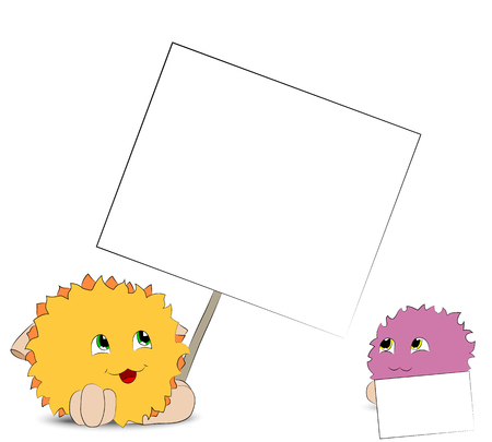 Two colored cartoon characters holding postersのイラスト素材
