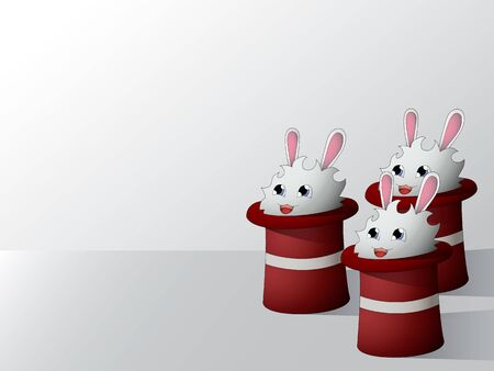 three white cartoon rabbit sits in a magicians hatの写真素材