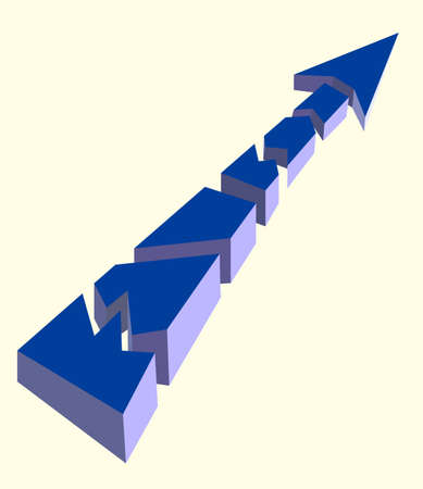 Blue arrow pointing upwards on a white backgroundの写真素材