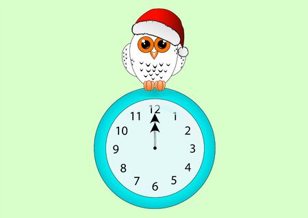 white owl in a red Christmas hat sits on a clock faceの写真素材