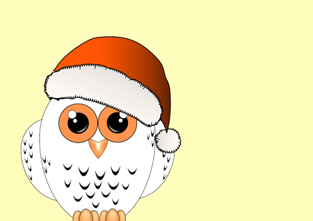 white owl in a red Christmas hat on a yellow backgroundの写真素材