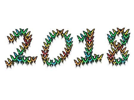 Inscription 2018 new year, consisting of multi-colored butterfliesのイラスト素材