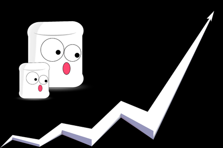 cartoon characters - marshmallows looking with surprise on a white growing chart on a black backgroundの写真素材