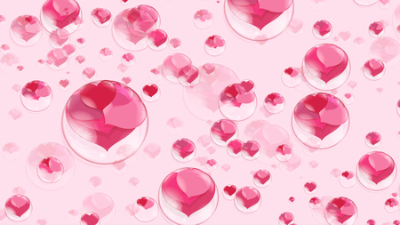 a lot of red hearts inside bubbles on a pink background, soap bubbleの写真素材