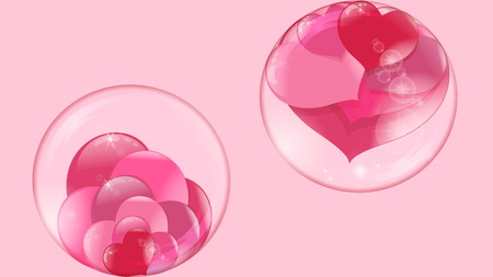 hearts lie inside a transparent glass bowl and a bubble flies with hearts inside on a pink backgroundのイラスト素材