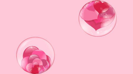 hearts lie inside a transparent glass bowl and a bubble flies with hearts inside on a pink backgroundのイラスト素材