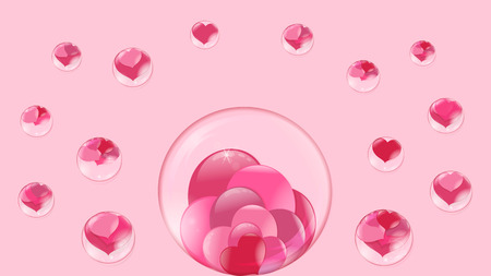 hearts lie inside a transparent glass sphere, around fly bubbles with hearts inside on a pink backgroundのイラスト素材