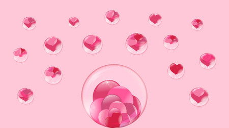 hearts lie inside a transparent glass sphere, around fly bubbles with hearts inside on a pink backgroundのイラスト素材