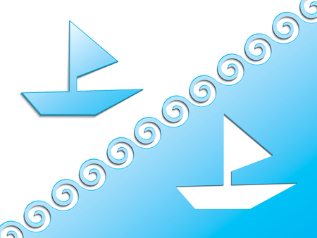 from a blue cardboard a boat with a sail and crests of waves have cut out, have put nearbyのイラスト素材