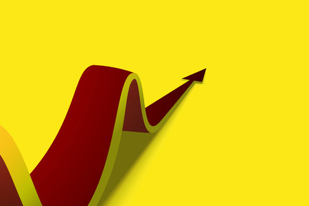 red arrow moving forward on a yellow backgroundの写真素材